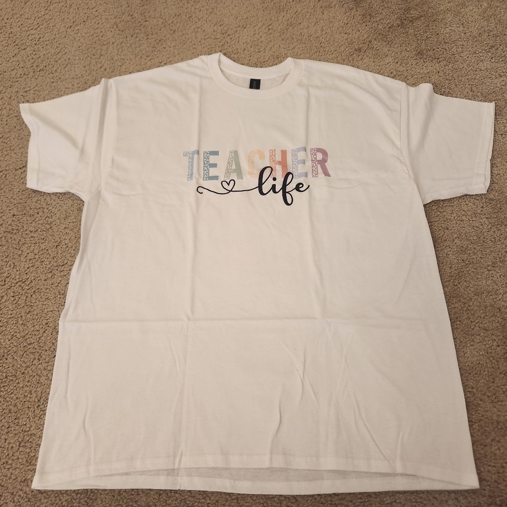 Short Sleeve Womens Print Shirt Gildan Teachers Life School Size XL White #E146